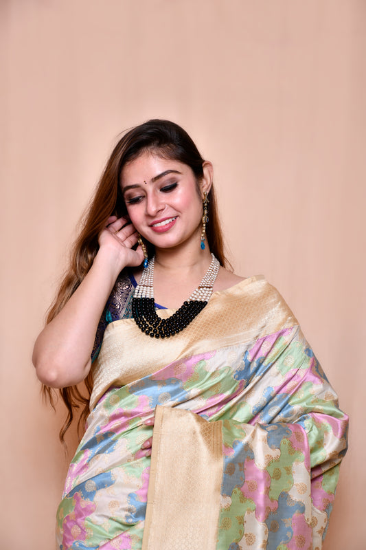 Pure Katan Silk Cloud Rangkaat Kadhwa Real zari  Banarasi saree