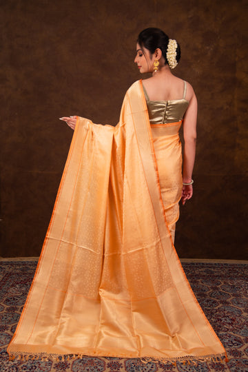 Pure Katan Silk Pastel Orange Kadhwa Satin Tanchoi Banarasi Saree