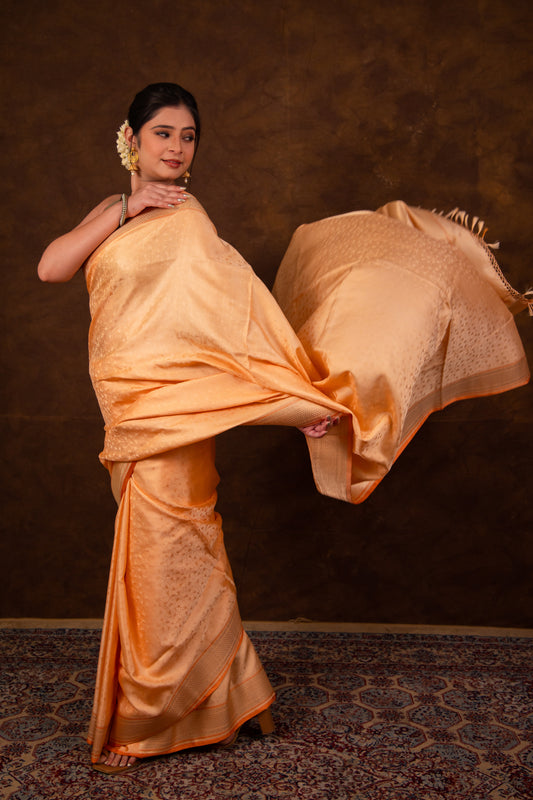 Pure Katan Silk Pastel Orange Kadhwa Satin Tanchoi Banarasi Saree
