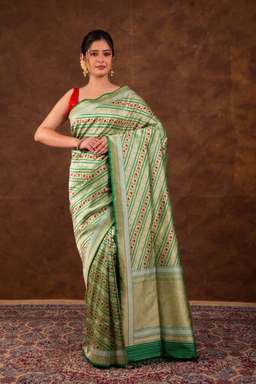 Pure Katan Silk Bottle Green Kadhwa Meenakari Banarasi Saree