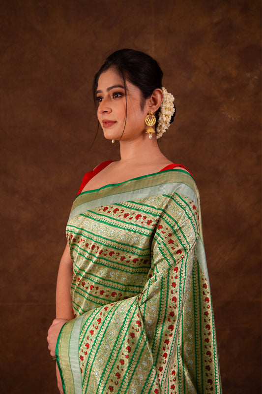 Pure Katan Silk Bottle Green Kadhwa Meenakari Banarasi Saree
