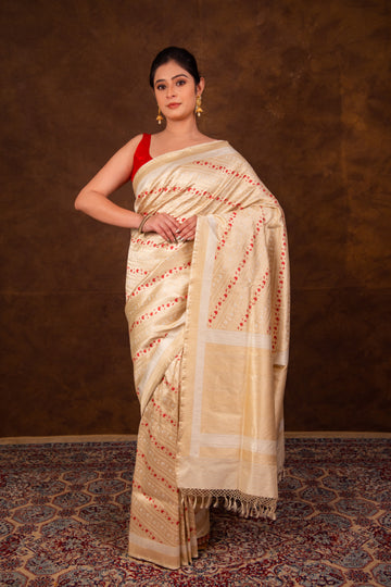 Pure Katan Silk Off White Kadhwa Meenakari Banarasi Saree