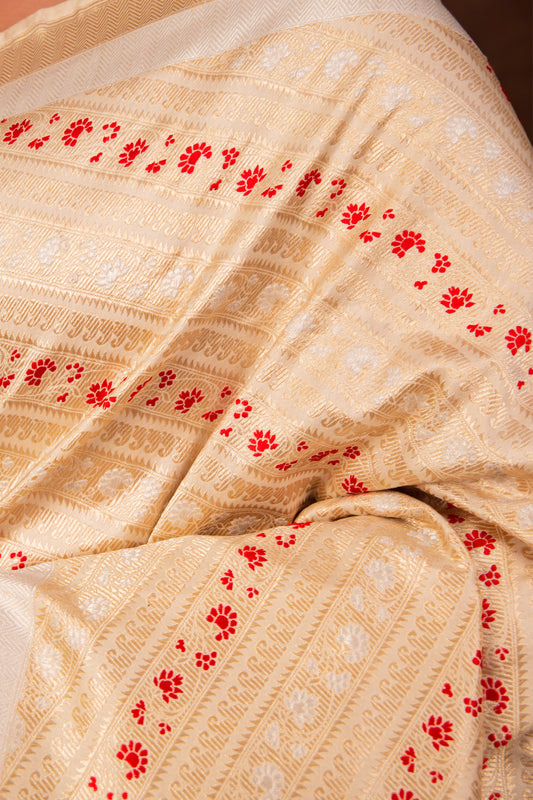 Pure Katan Silk Off White Kadhwa Meenakari Banarasi Saree