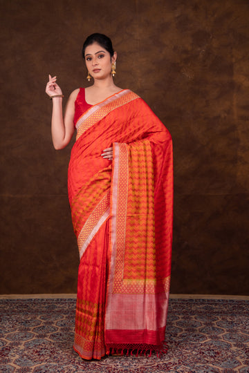Pure Katan Silk Red Kadhwa Satin Tanchoi Banarasi Saree