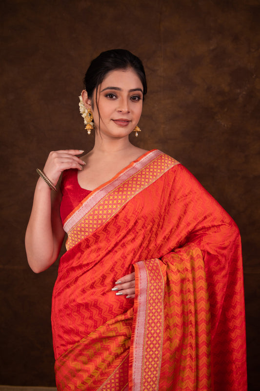 Pure Katan Silk Red Kadhwa Satin Tanchoi Banarasi Saree