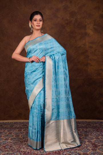 Pure Katan Silk Turquoise Kadhwa Satin Tanchoi Banarasi Saree