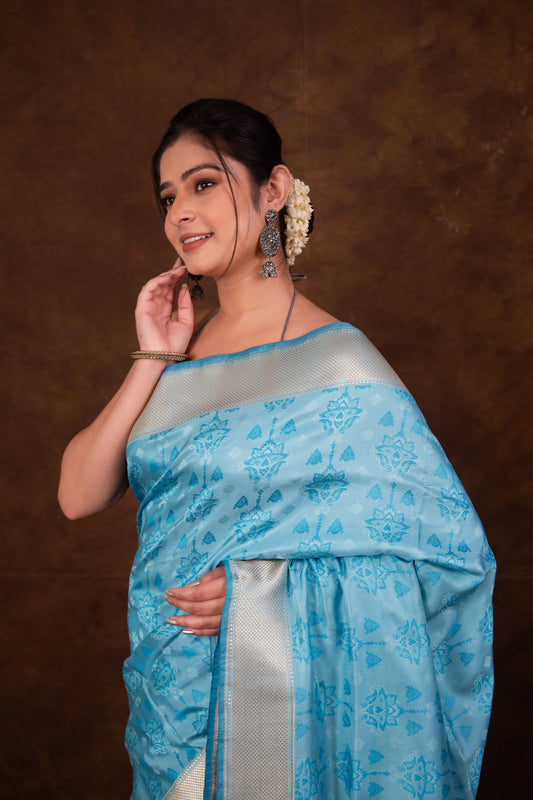 Pure Katan Silk Turquoise Kadhwa Satin Tanchoi Banarasi Saree