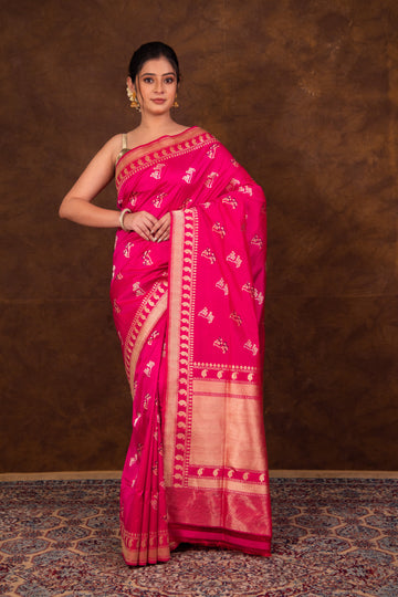 Pure Katan Silk Rani Pink Kadhwa Meenakari Banarasi Saree