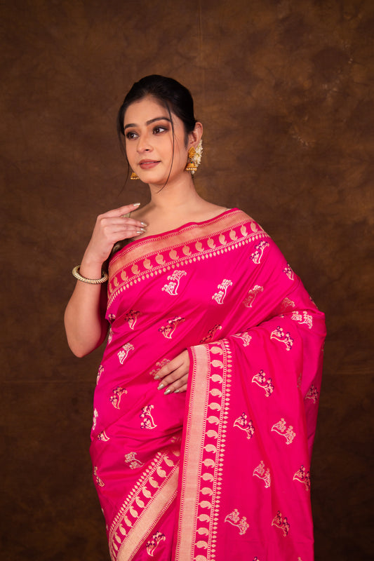 Pure Katan Silk Rani Pink Kadhwa Meenakari Banarasi Saree