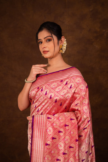 Pure Katan silk Shuttle Zari Kadhwa Meenakari Jangla with Traditional Border Banarasi Saree