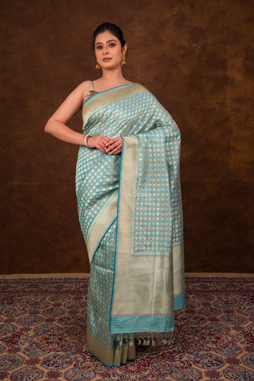 Pure Katan silk Kadhwa check Floral Bootidaar Jangla with Traditional Border Banarasi Saree