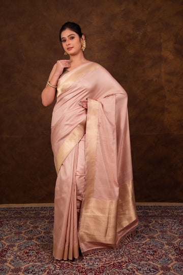 Pure Katan Silk Pastel Peach Kadhwa Satin Tanchoi Banarasi Saree