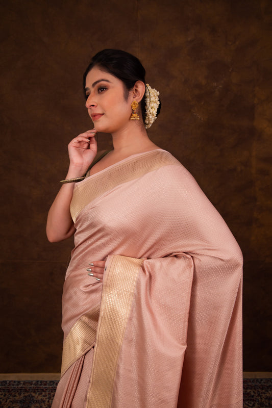 Pure Katan Silk Pastel Peach Kadhwa Satin Tanchoi Banarasi Saree