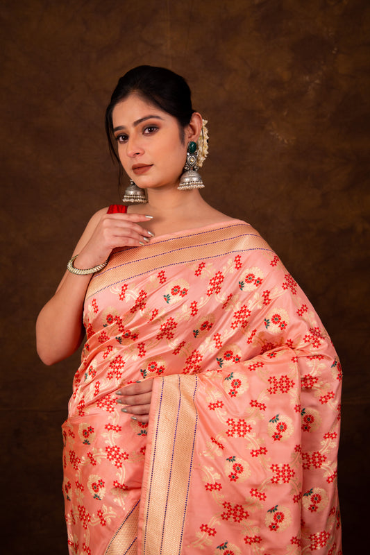 Pure Katan Silk Meenakari Jaal Jangla Kadhwa Banarasi Saree
