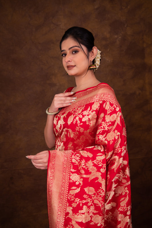 Pure Katan silk kadhwa Jangla Handwoven Red Banarasi Saree