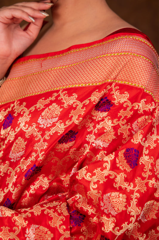 Pure Katan Silk Kadhwa  Jangla Handwoven Red Banarasi Saree