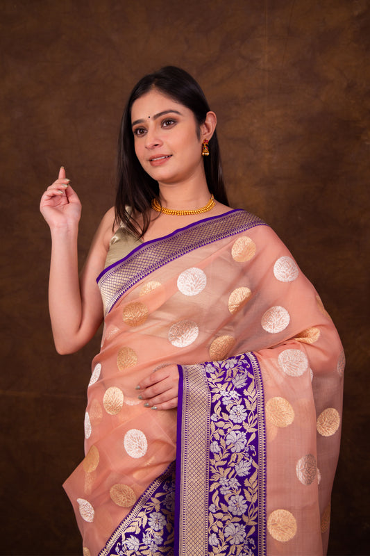 Pure Kora Organza silk Kadhwa Bootidar with Kadhiyal floral Border Banarasi Saree