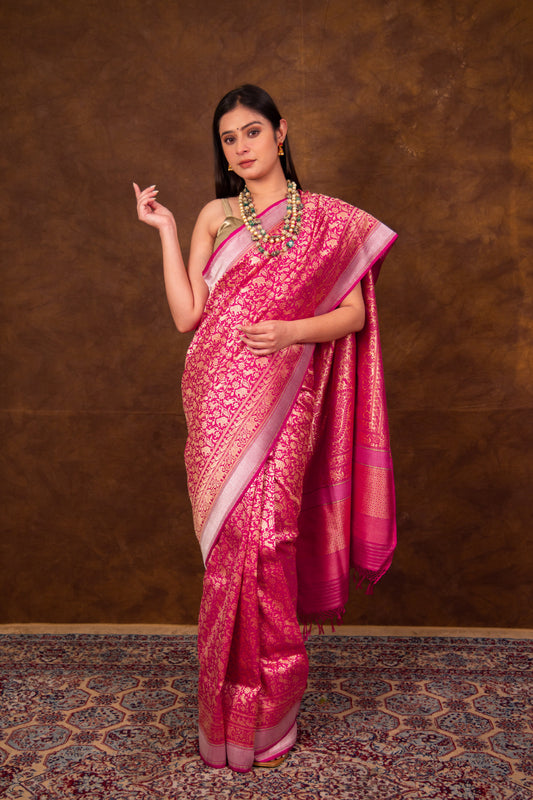 Rani Pink Pure Katan Silk Handwoven Shikaargaah Kim-khwab - Real Zari Saree