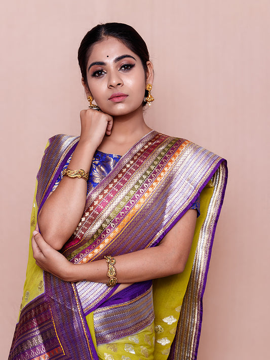 Temple Butidaar Multi Color Border Pure Silk Chiffon Georgette Saree