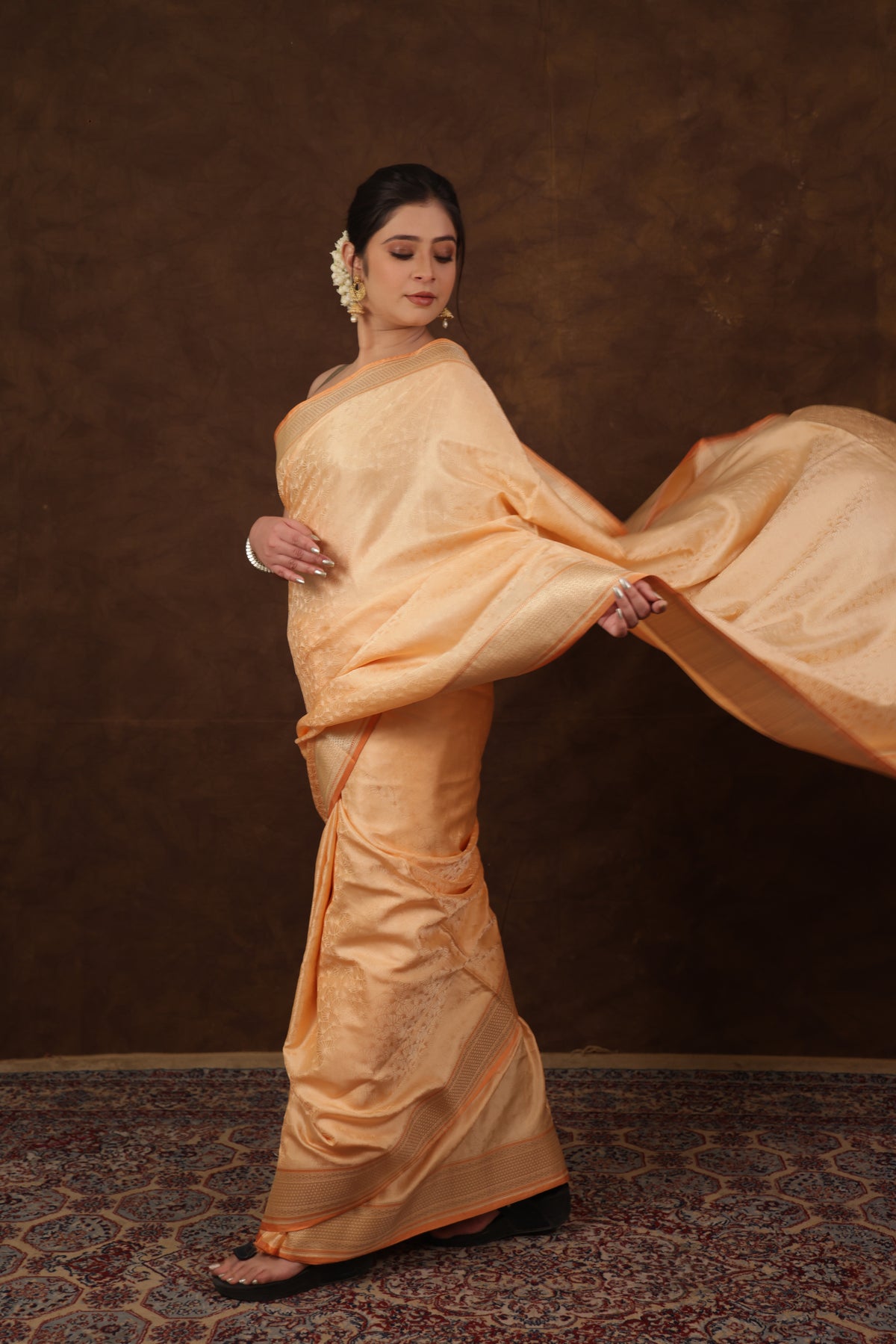 Pure Katan Silk Pastel Orange Kadhwa Satin Tanchoi Banarasi Saree
