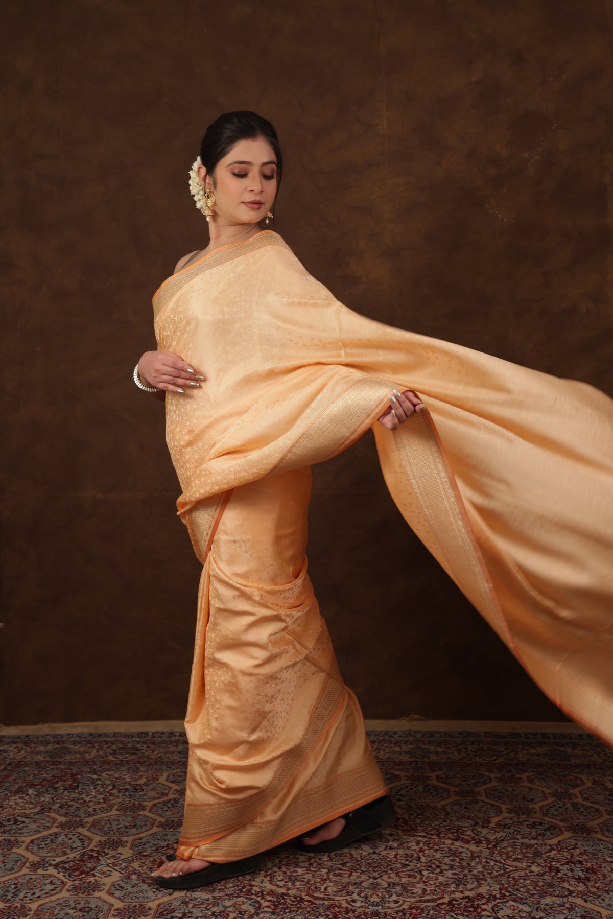 Pure Katan Silk Pastel Orange Kadhwa Satin Tanchoi Banarasi Saree