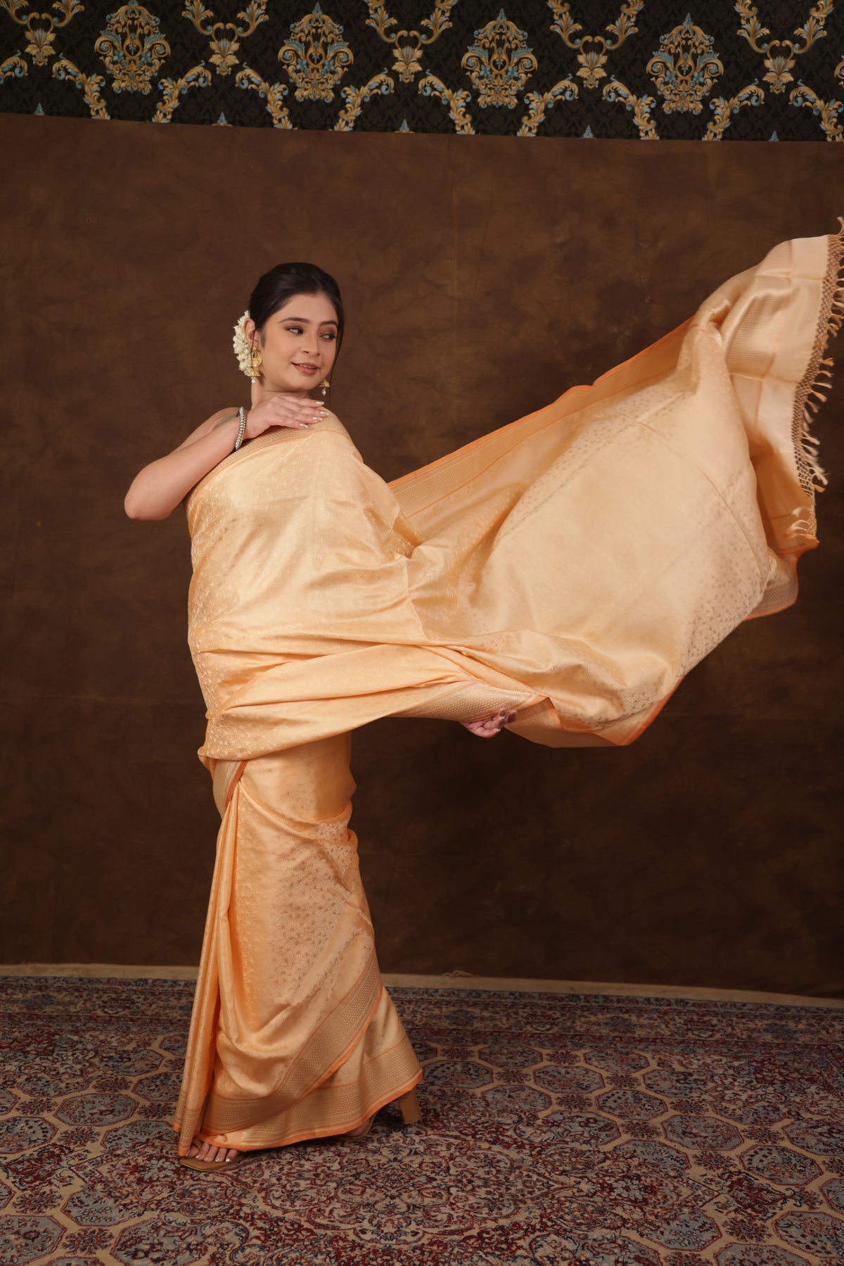 Pure Katan Silk Pastel Orange Kadhwa Satin Tanchoi Banarasi Saree