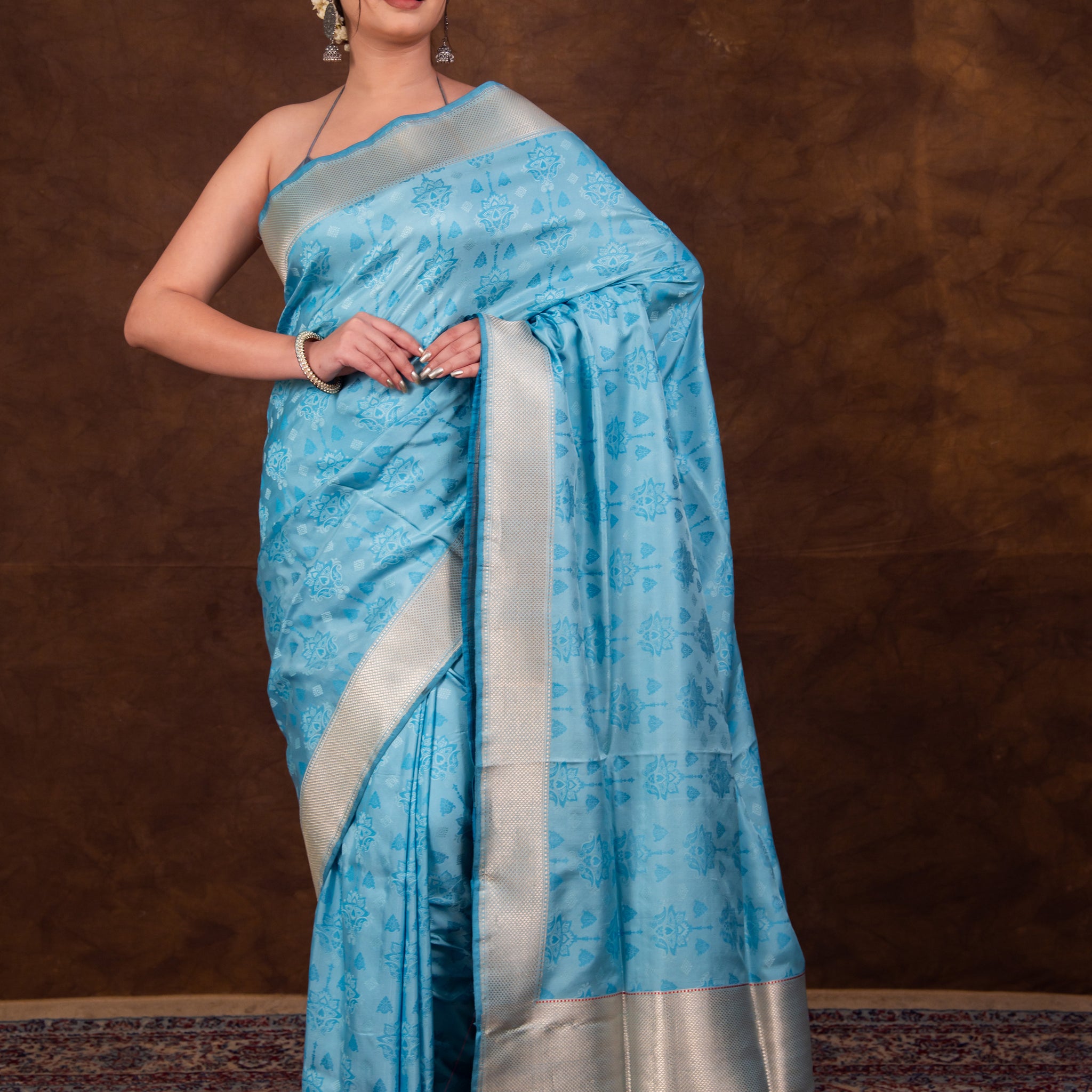 Pure Katan Silk Turquoise Kadhwa Satin Tanchoi Banarasi Saree