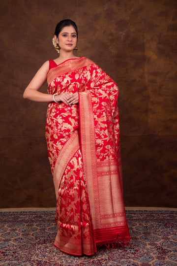 Pure Katan silk kadhwa Jangla Handwoven Red Banarasi Saree