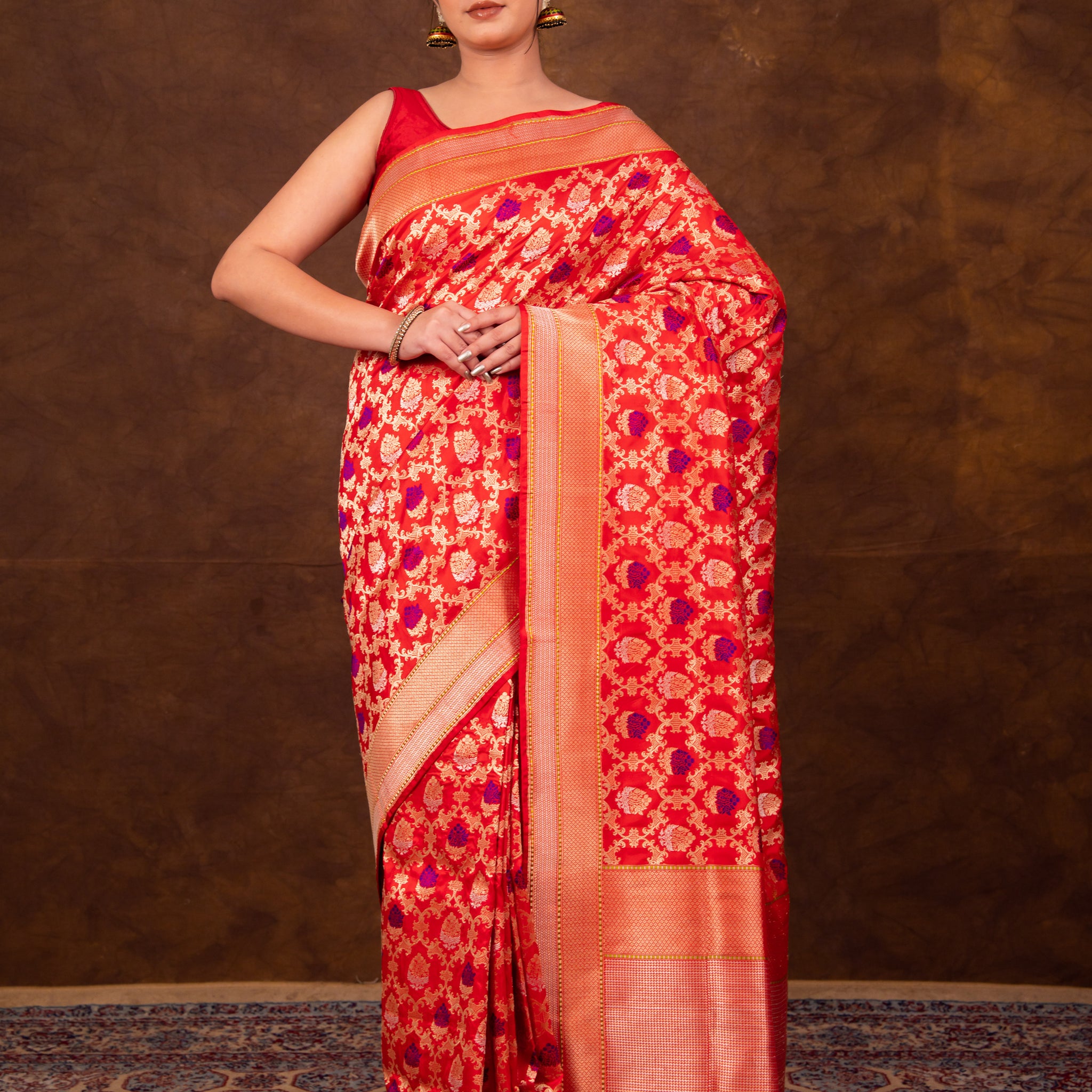 Pure Katan Silk Kadhwa  Jangla Handwoven Red Banarasi Saree