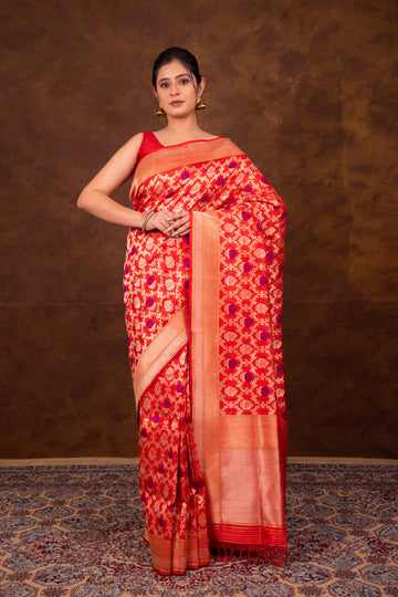 Pure Katan Silk Kadhwa  Jangla Handwoven Red Banarasi Saree