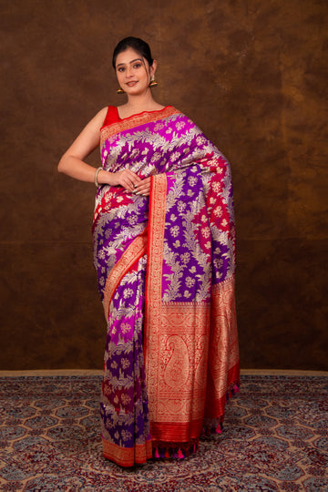 Pure Katan Silk Kadhwa  Jangla Handwoven Rangkaat Red Banarasi Saree