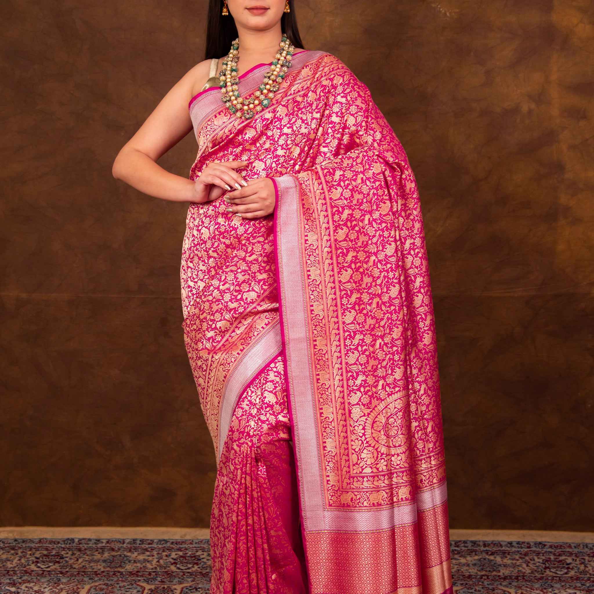 Rani Pink Pure Katan Silk Handwoven Shikaargaah Kim-khwab - Real Zari Saree