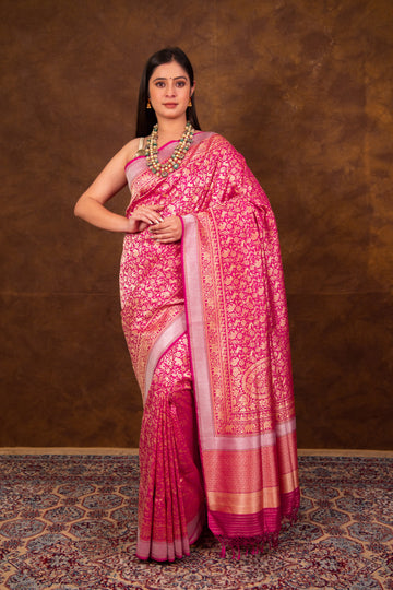 Rani Pink Pure Katan Silk Handwoven Shikaargaah Kim-khwab - Real Zari Saree